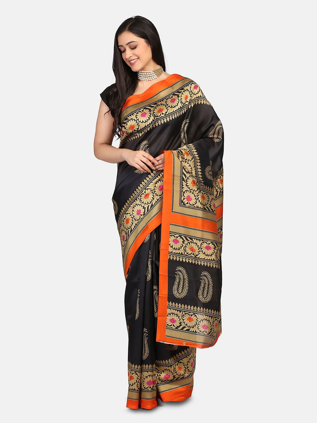 

Mirraw Black & Orange Ethnic Motifs Art Silk Saree