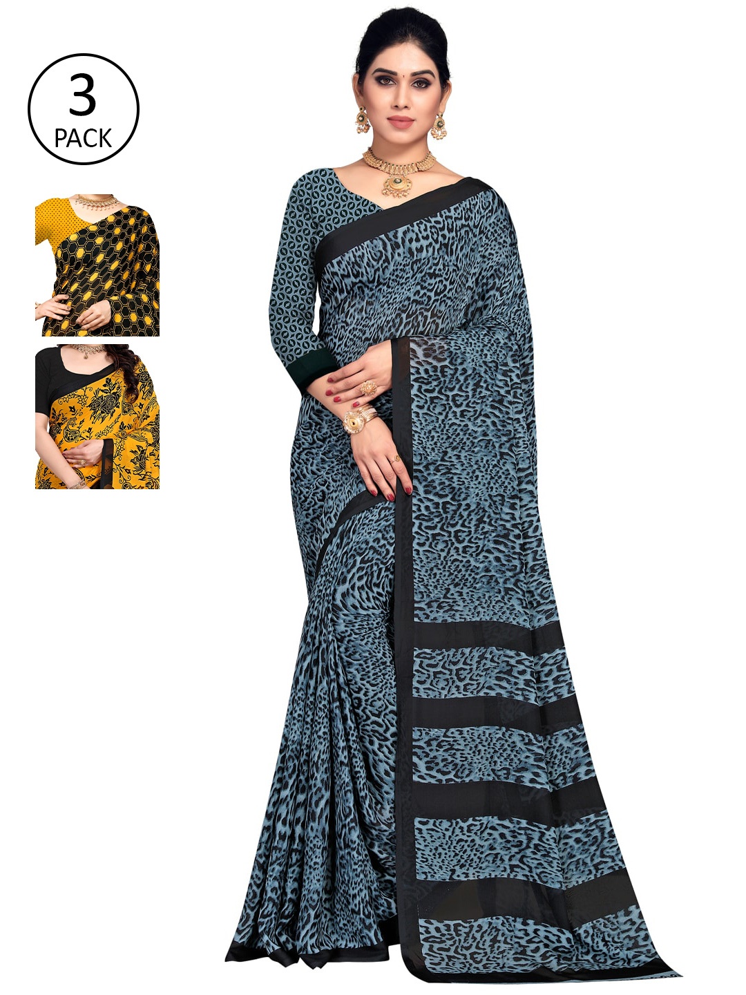 

KALINI Pack of 3 Printed Poly Georgette Saree, Multi