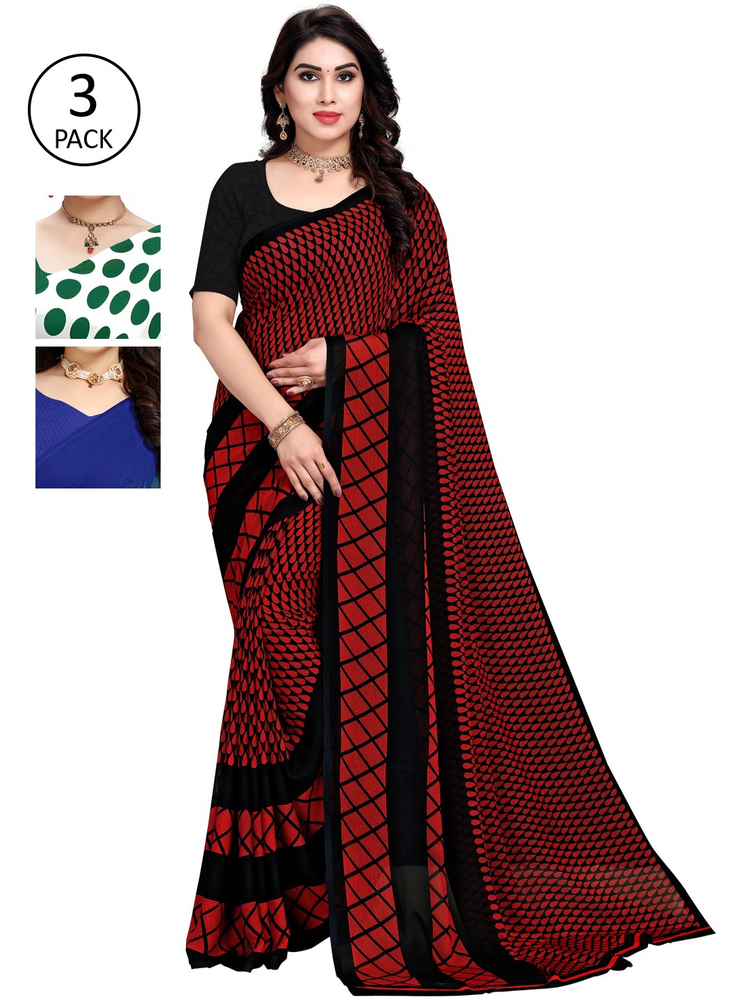 

KALINI Pack Of 3 Poly Georgette Printed Sarees, White