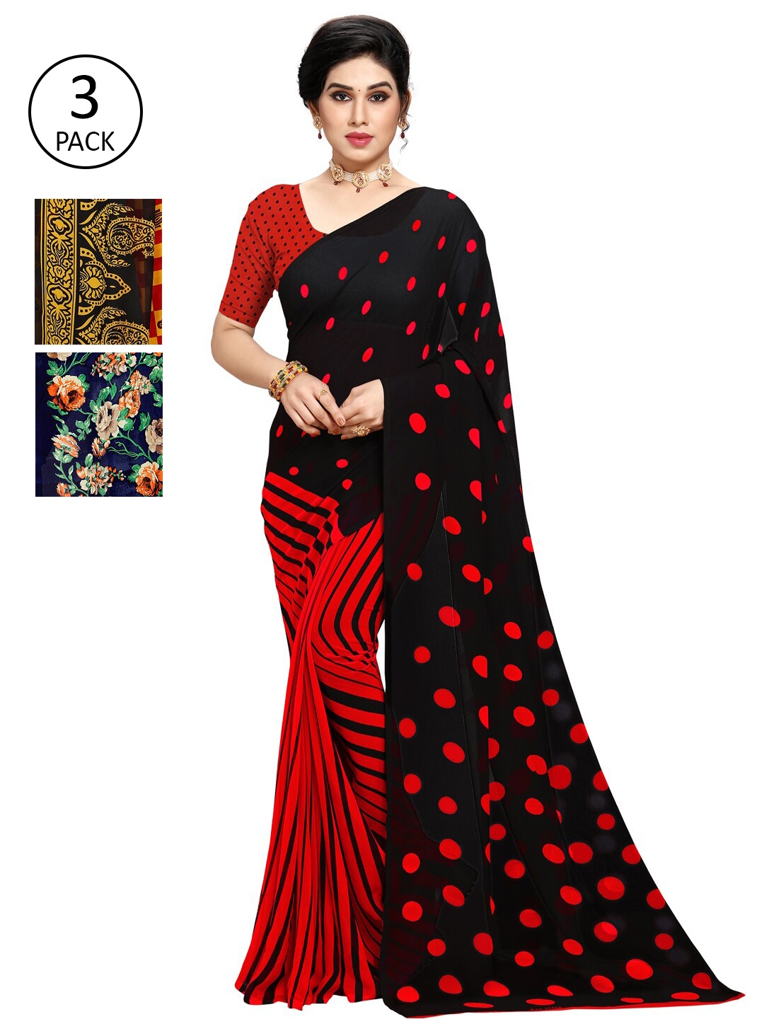 

KALINI Pack of 3 Poly Georgette Printed Sarees, Red