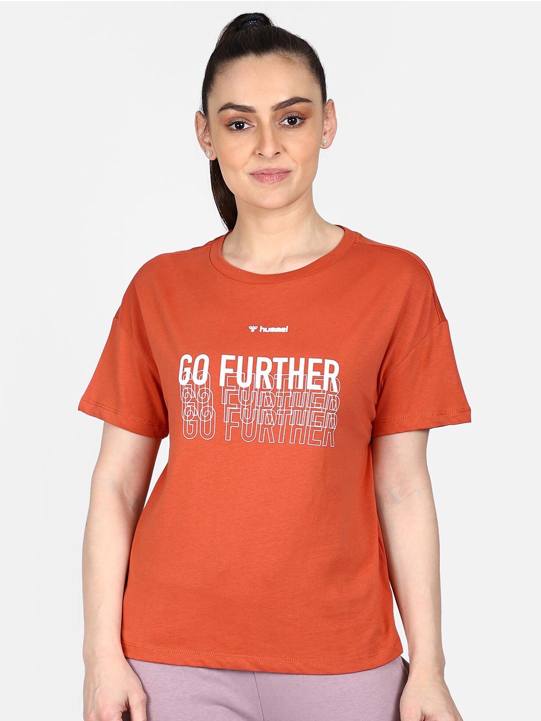 

hummel Women Orange White Typography Printed Cotton Pure Cotton T-shirt