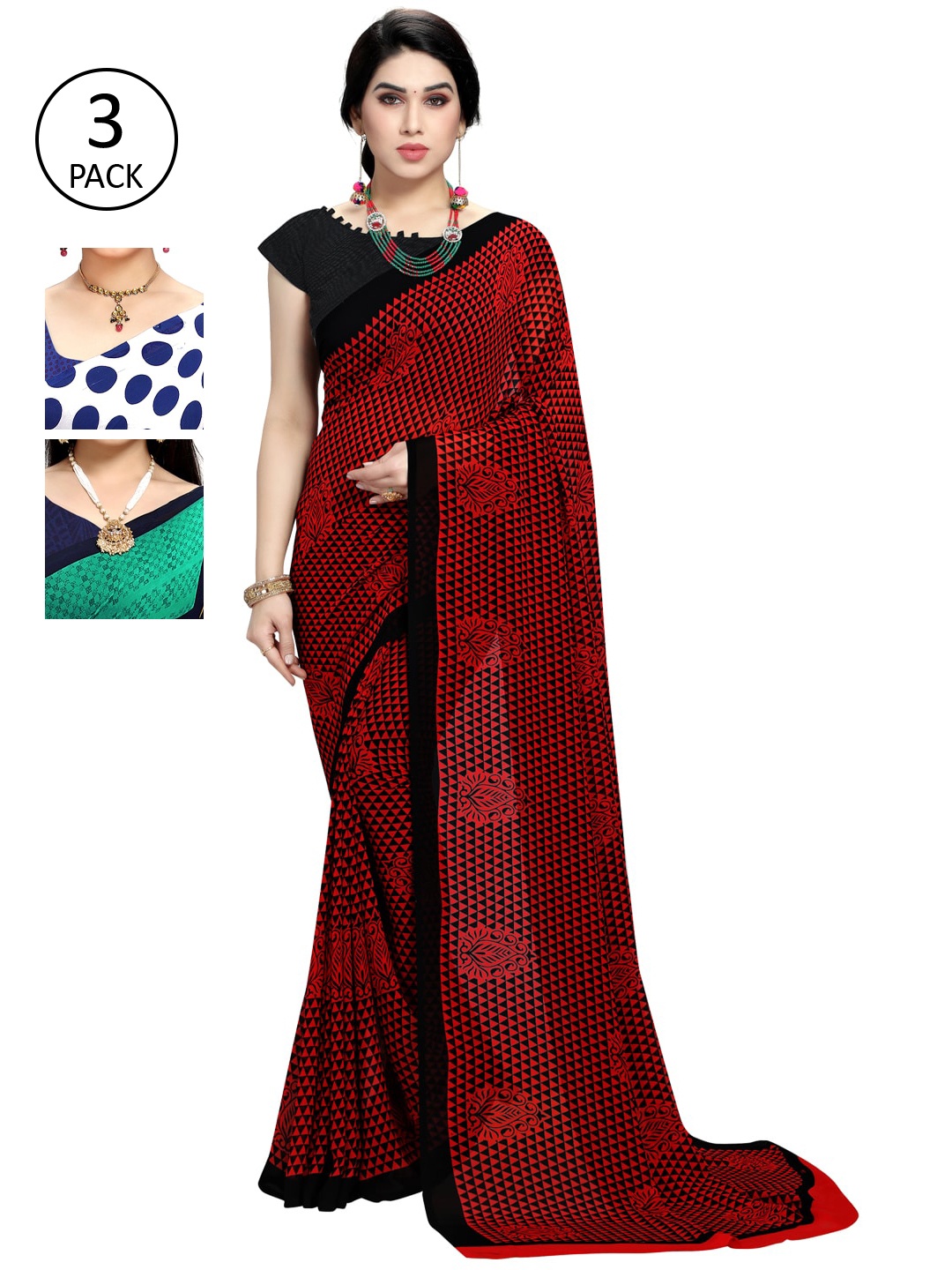 

KALINI Women Pack of 3 Printed Poly Georgette Sarees, Green