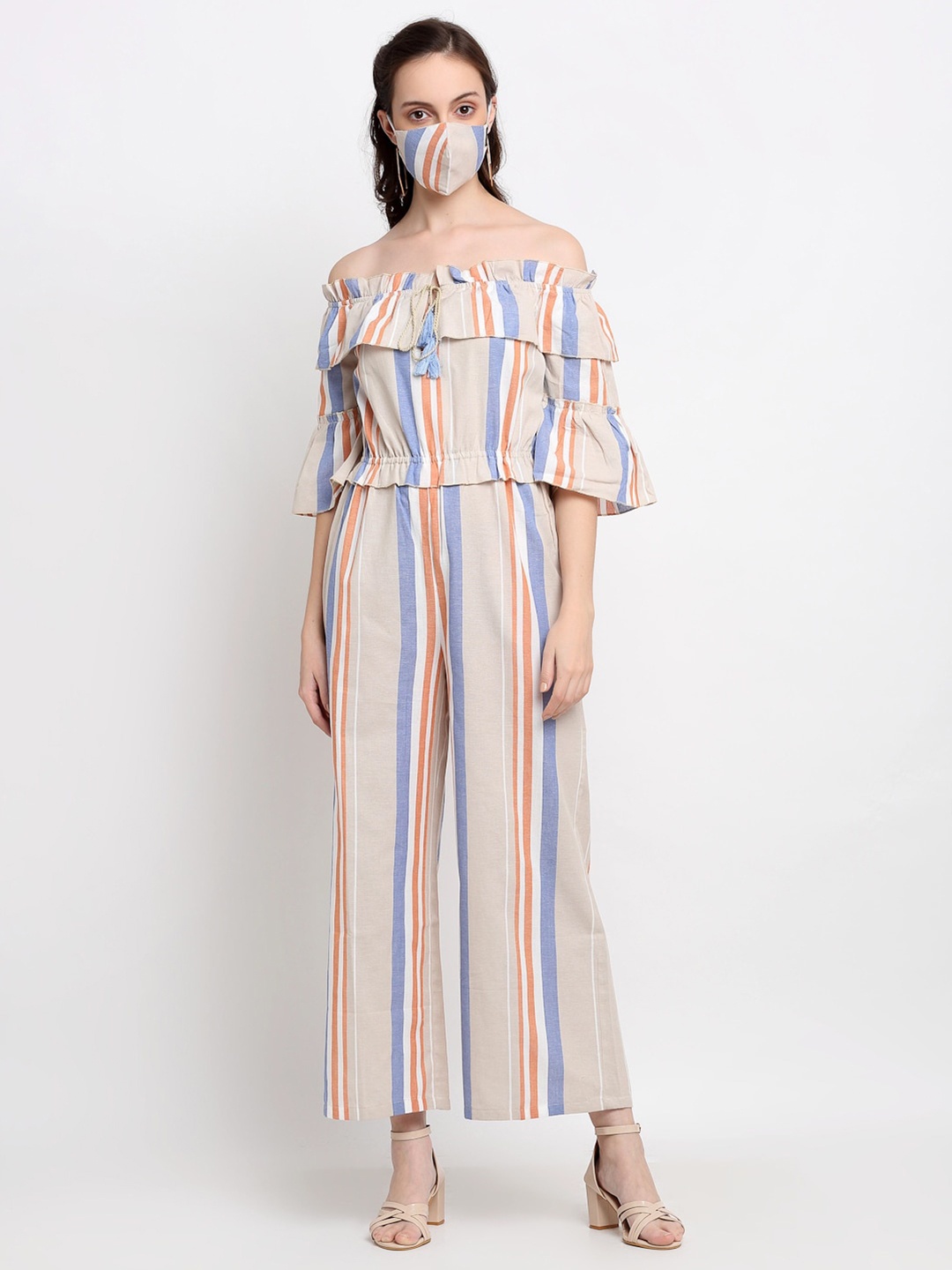 

DIVA WALK EXCLUSIVE Pink & Blue Off-Shoulder Striped Basic Jumpsuit with Ruffles