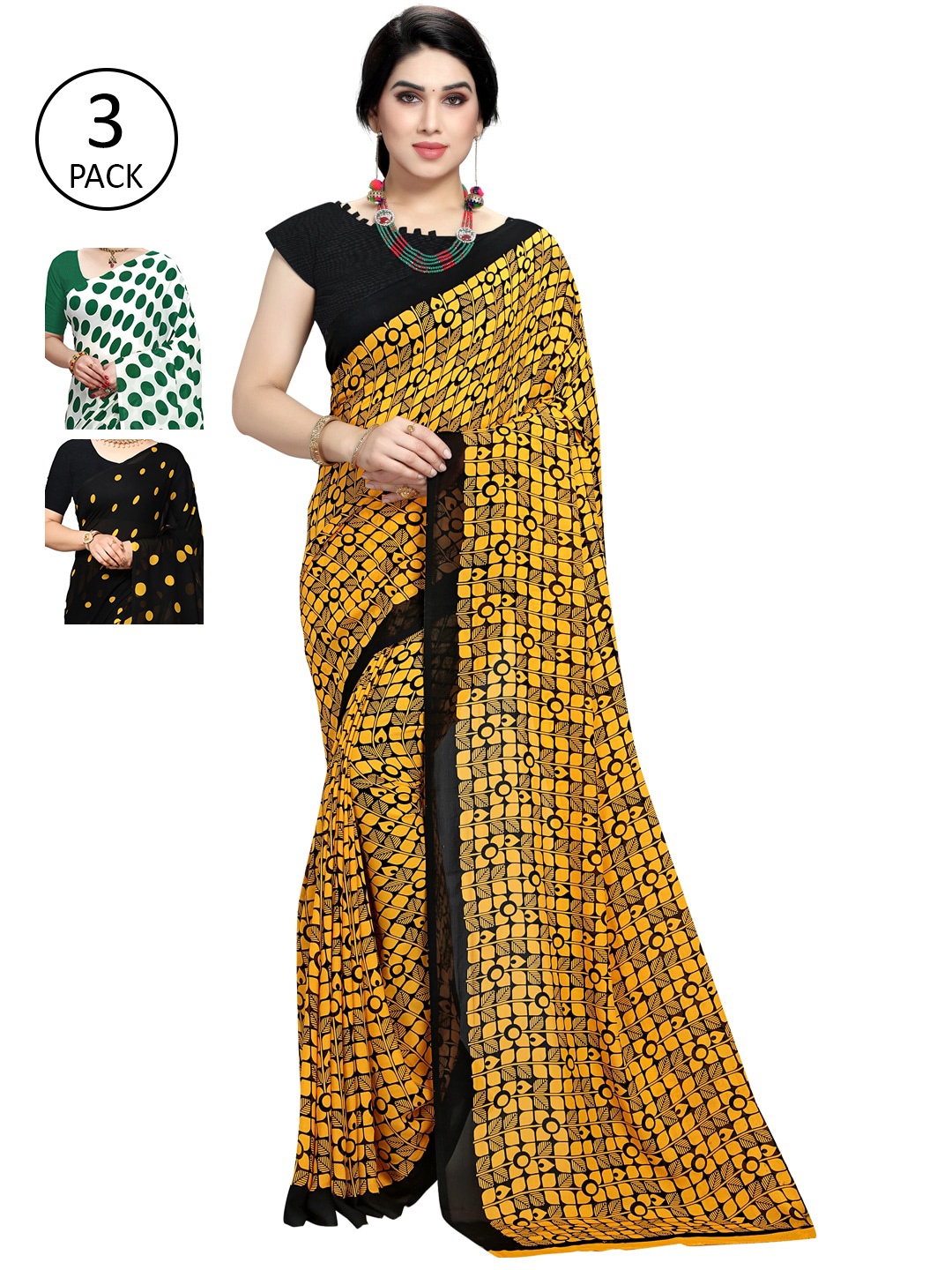 

KALINI Multicoloured Set of 3 Poly Georgette Saree, Multi
