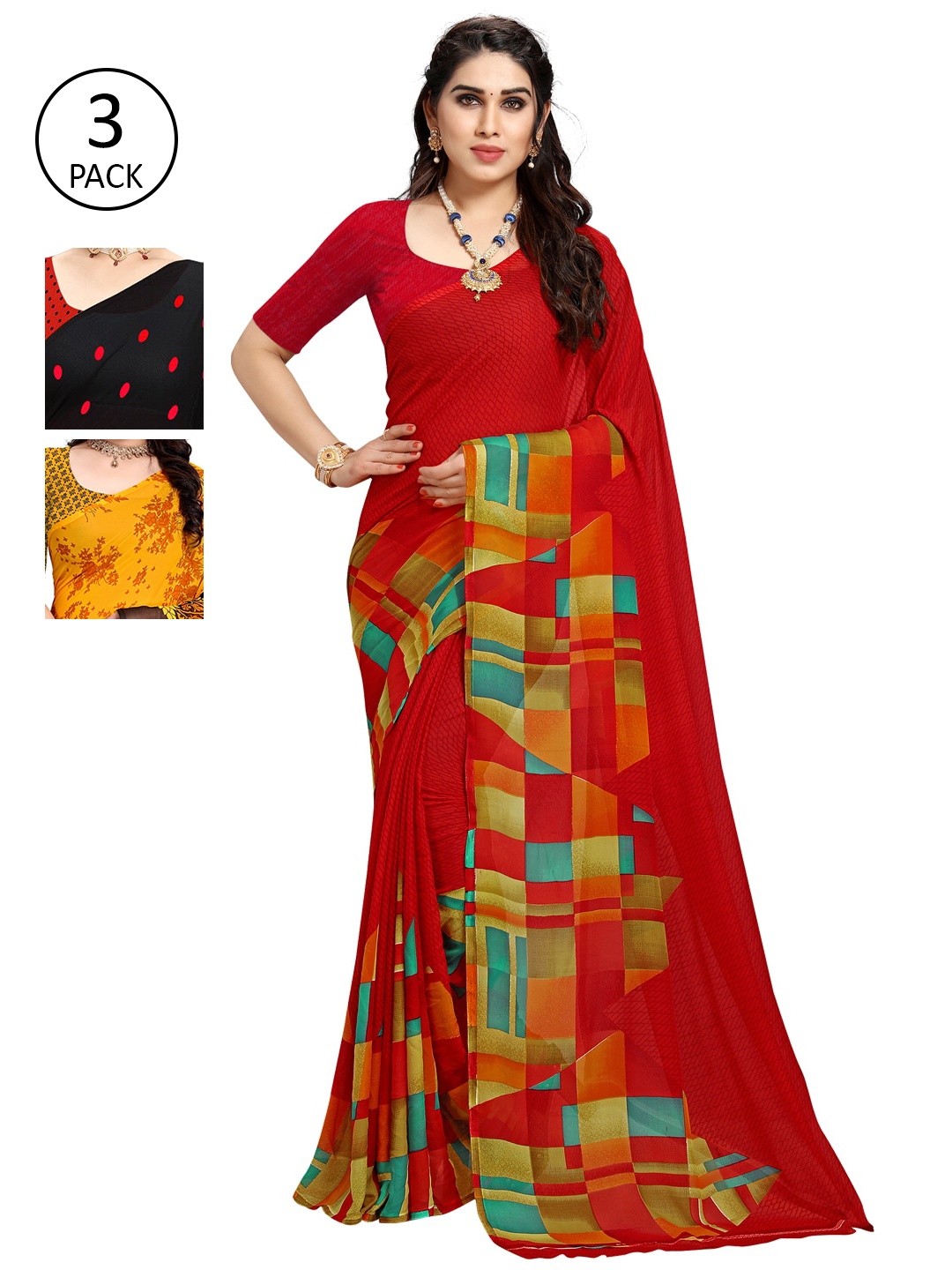 

KALINI Red & Black Pack of 3 Printed Saree