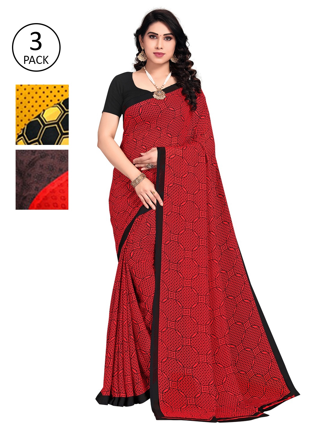 

KALINI Pack of 3 Printed Saree, Red