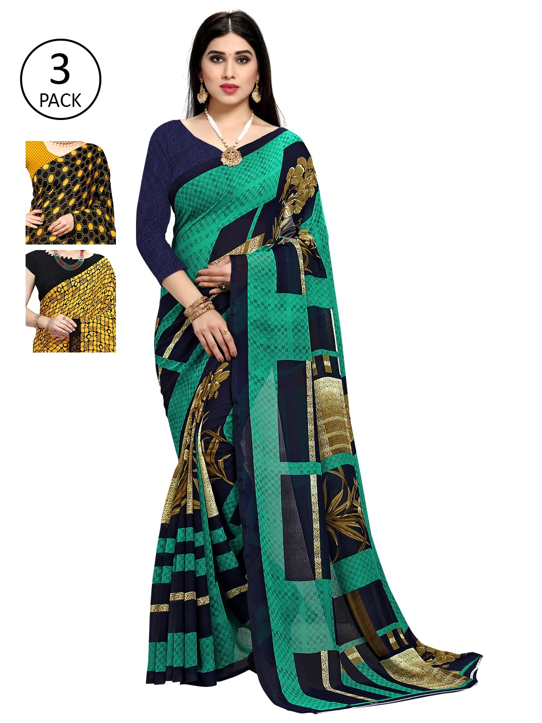 

KALINI Pack of 3 Printed Sarees, Green