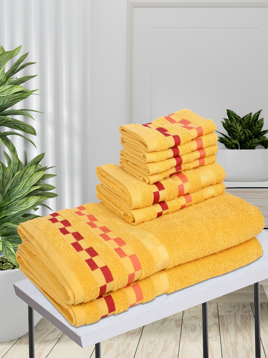 

BIANCA Set Of 8 Yellow & Red Mercerized Combed Cotton Bumpy-Stripes Towel Set