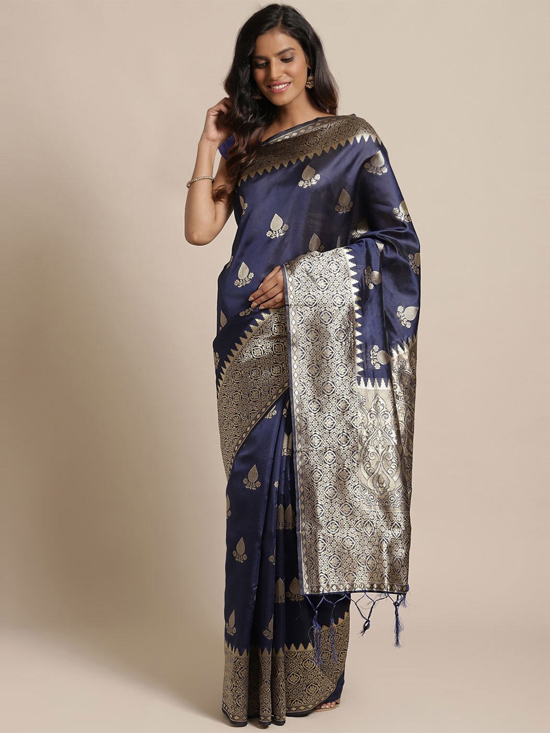 

Saree mall Navy Blue & Silver-Coloured Floral Zari Silk Blend Banarasi Sarees