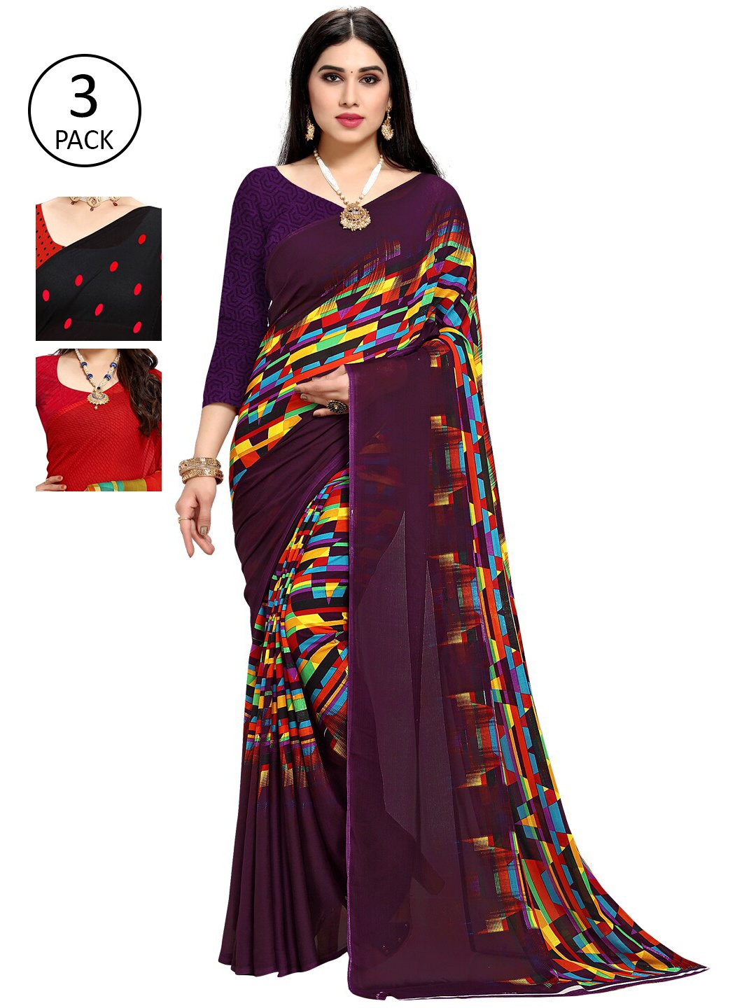 

KALINI Pack of 3 Poly Georgette Printed Sarees, Purple