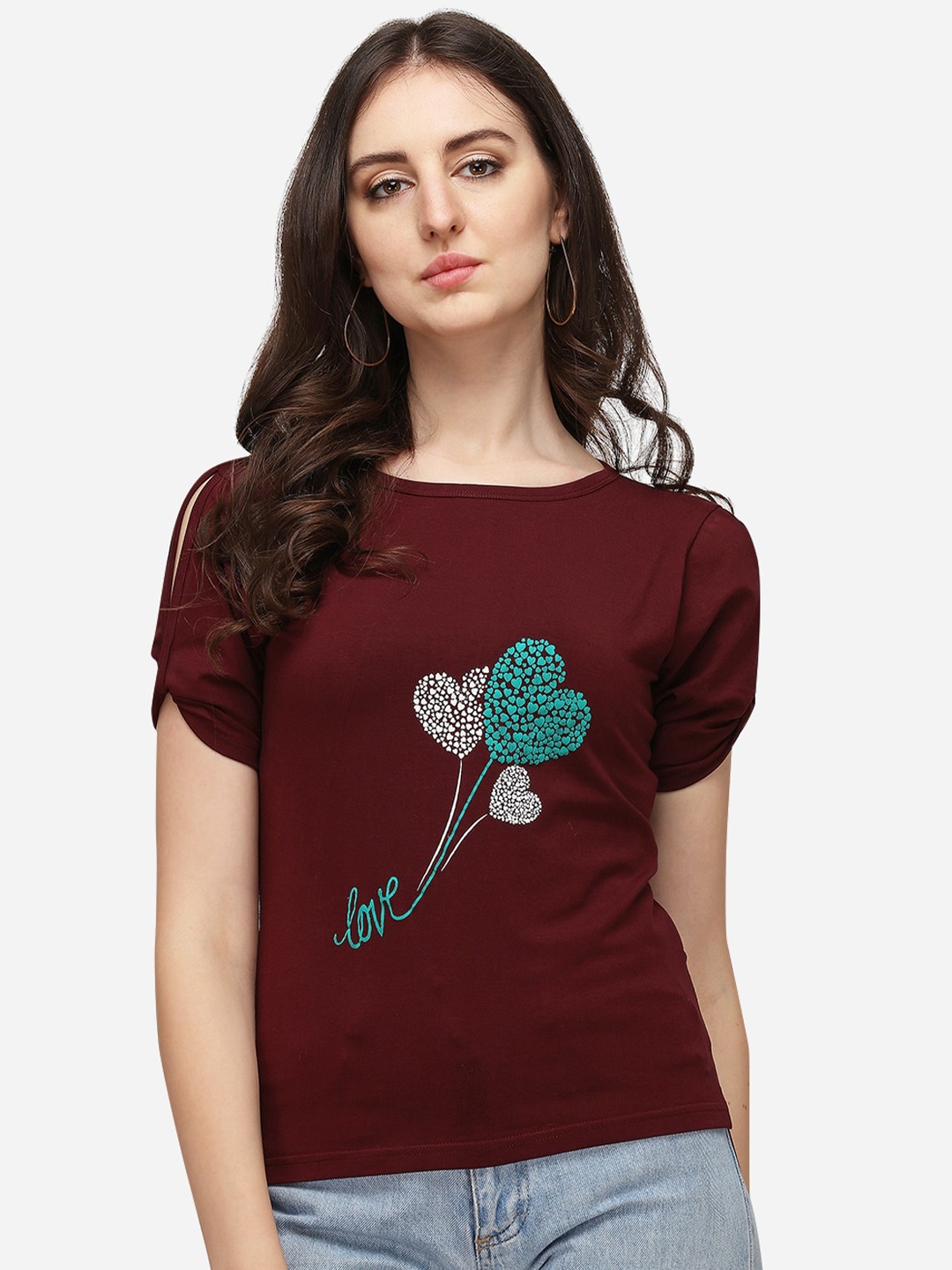 

OM SAI LATEST CREATION Maroon Heart Shaped Graphic Printed Top