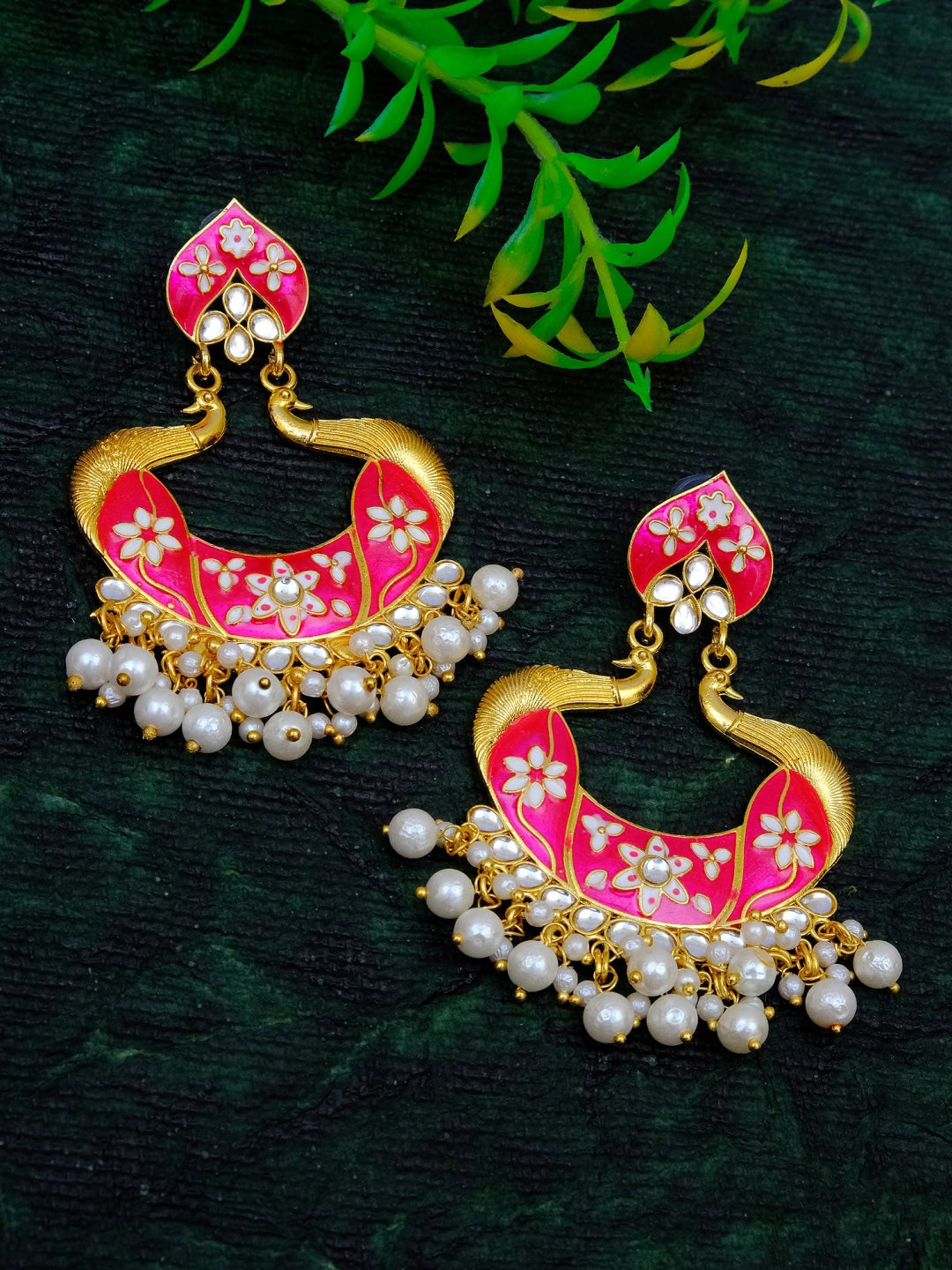

Crunchy Fashion Pink & Gold-Plated Classic Chandbalis Earrings