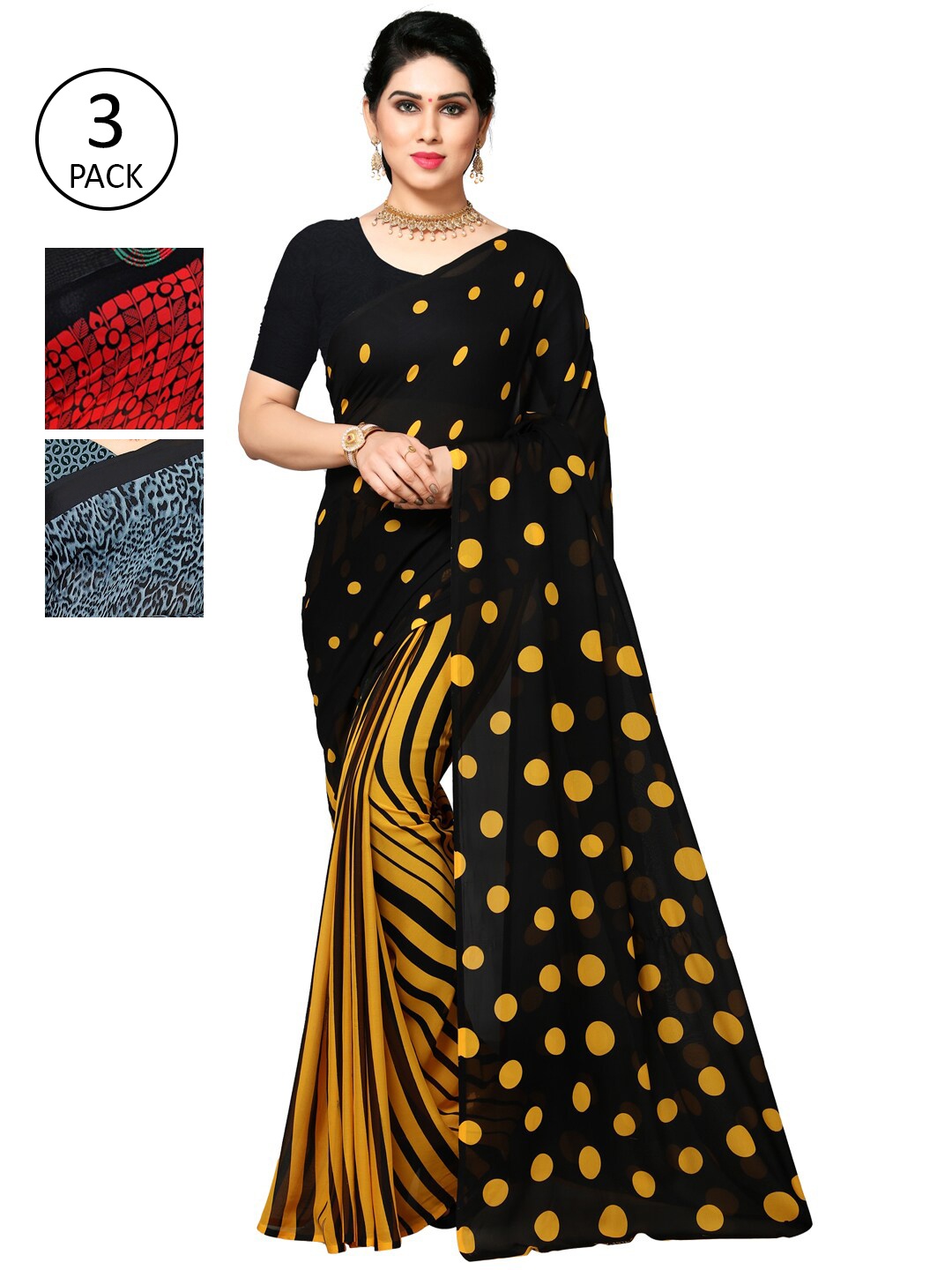 

KALINI Pack of 3 Poly Georgette Printed Sarees, Mustard