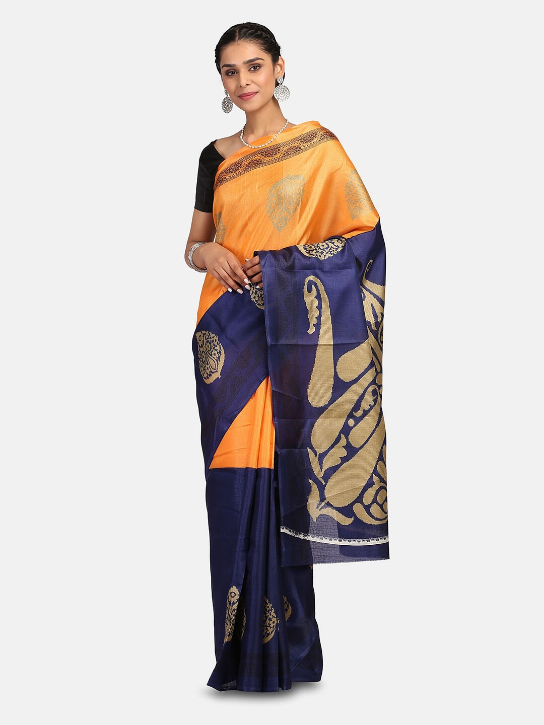 

Mirraw Orange & Navy Blue Ethnic Motifs Art Silk Saree
