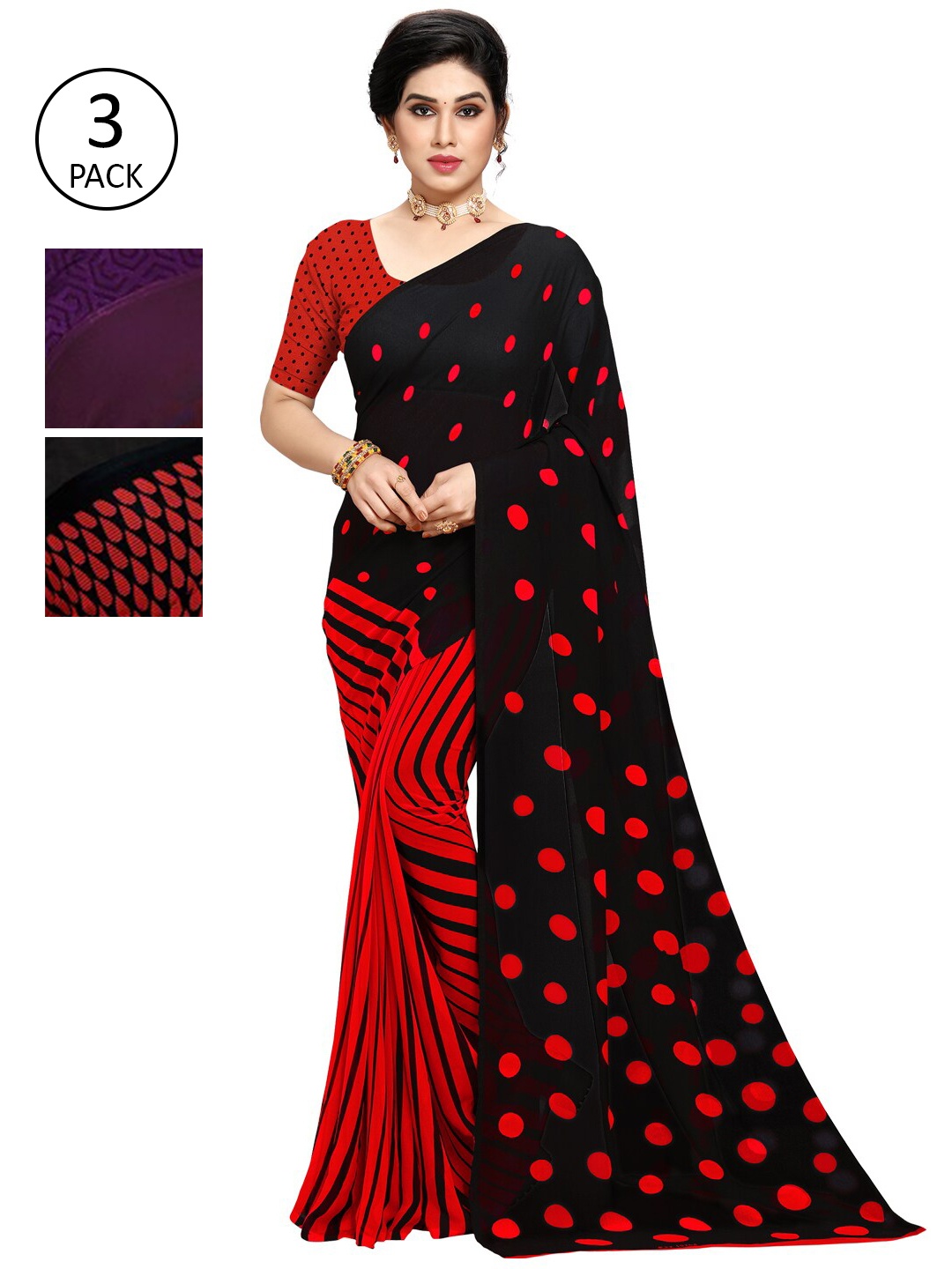 KALINI Pack of 3 Poly Georgette Printed Sarees, Black