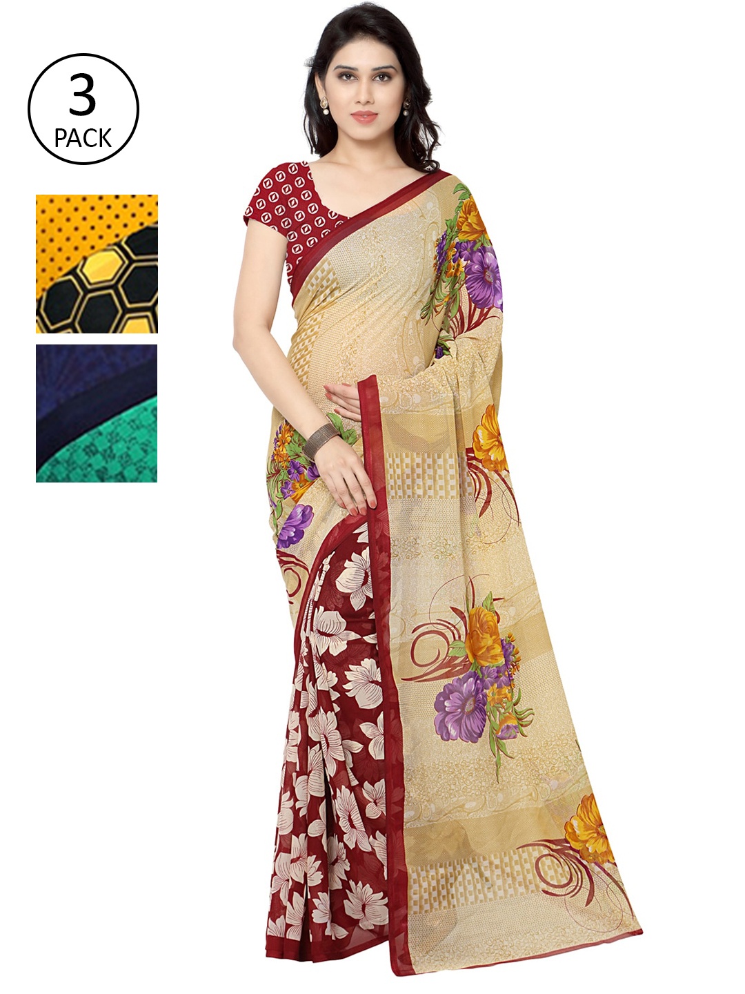

KALINI Pack of 3 Printed Saree, Mustard