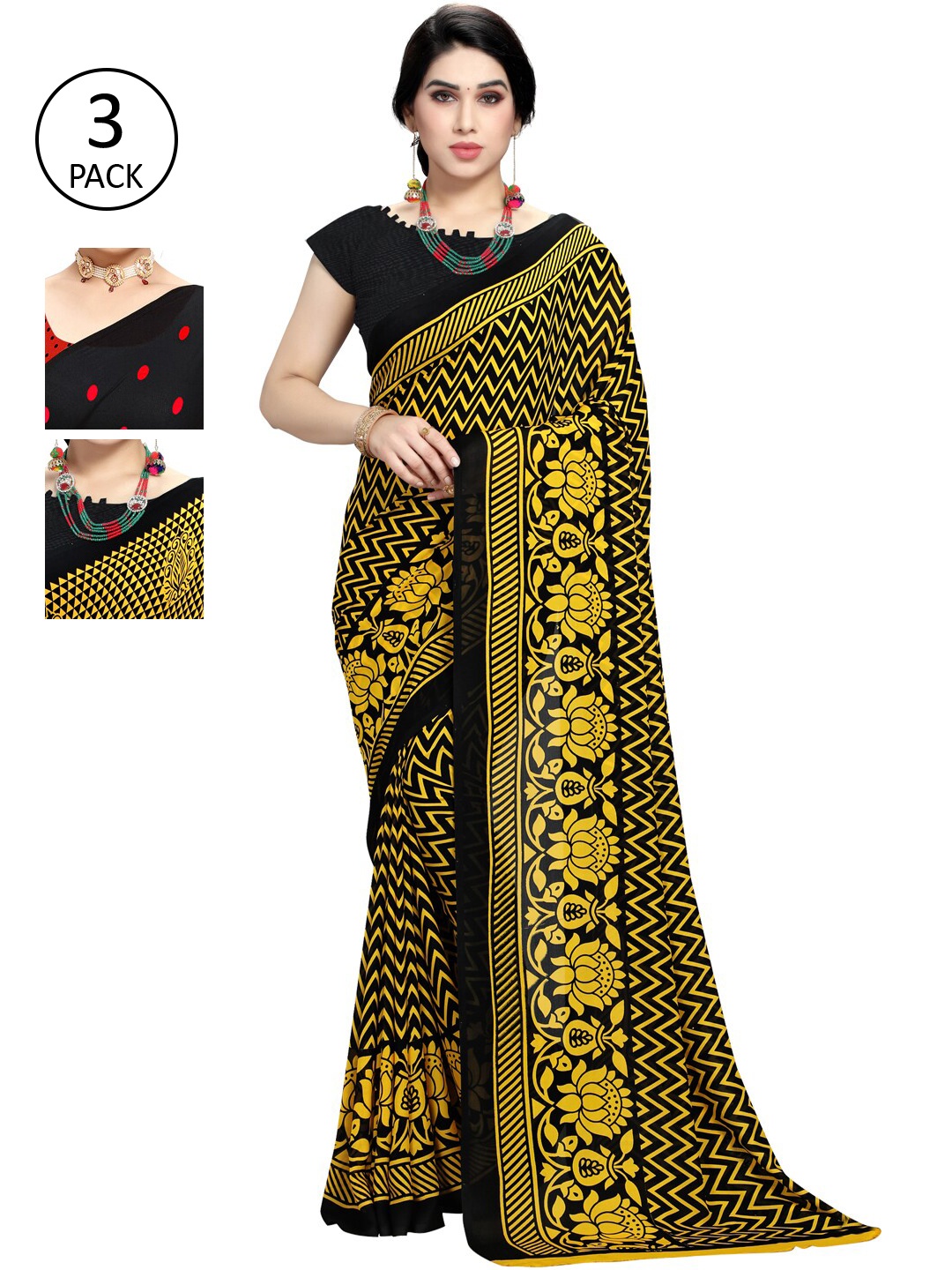 

ANAND SAREES Pack Of 3 Printed Sarees, Red