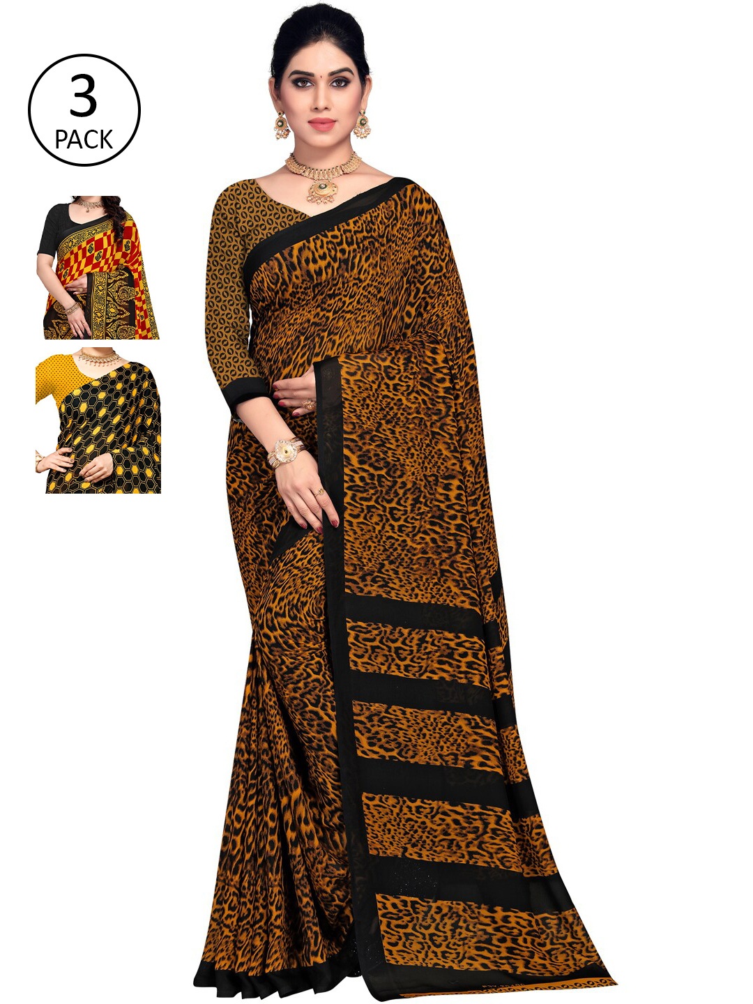 

KALINI Pack Of 3 Poly Georgette Sarees, Yellow