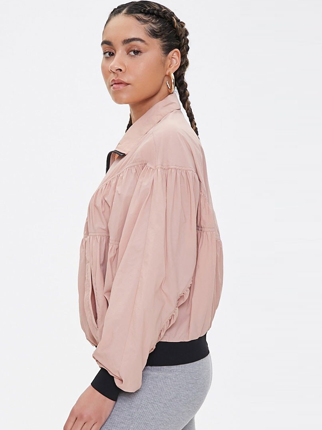 

FOREVER 21 Women Pink Crop Padded Jacket with Embroidered