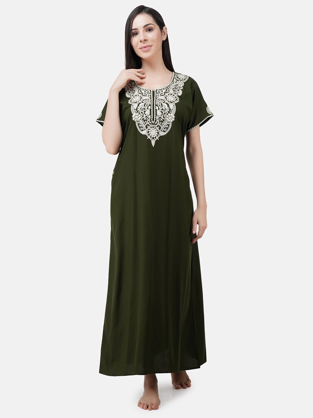 

KOI SLEEPWEAR Woman Olive Cotton Embroidered Maxi Nightdress