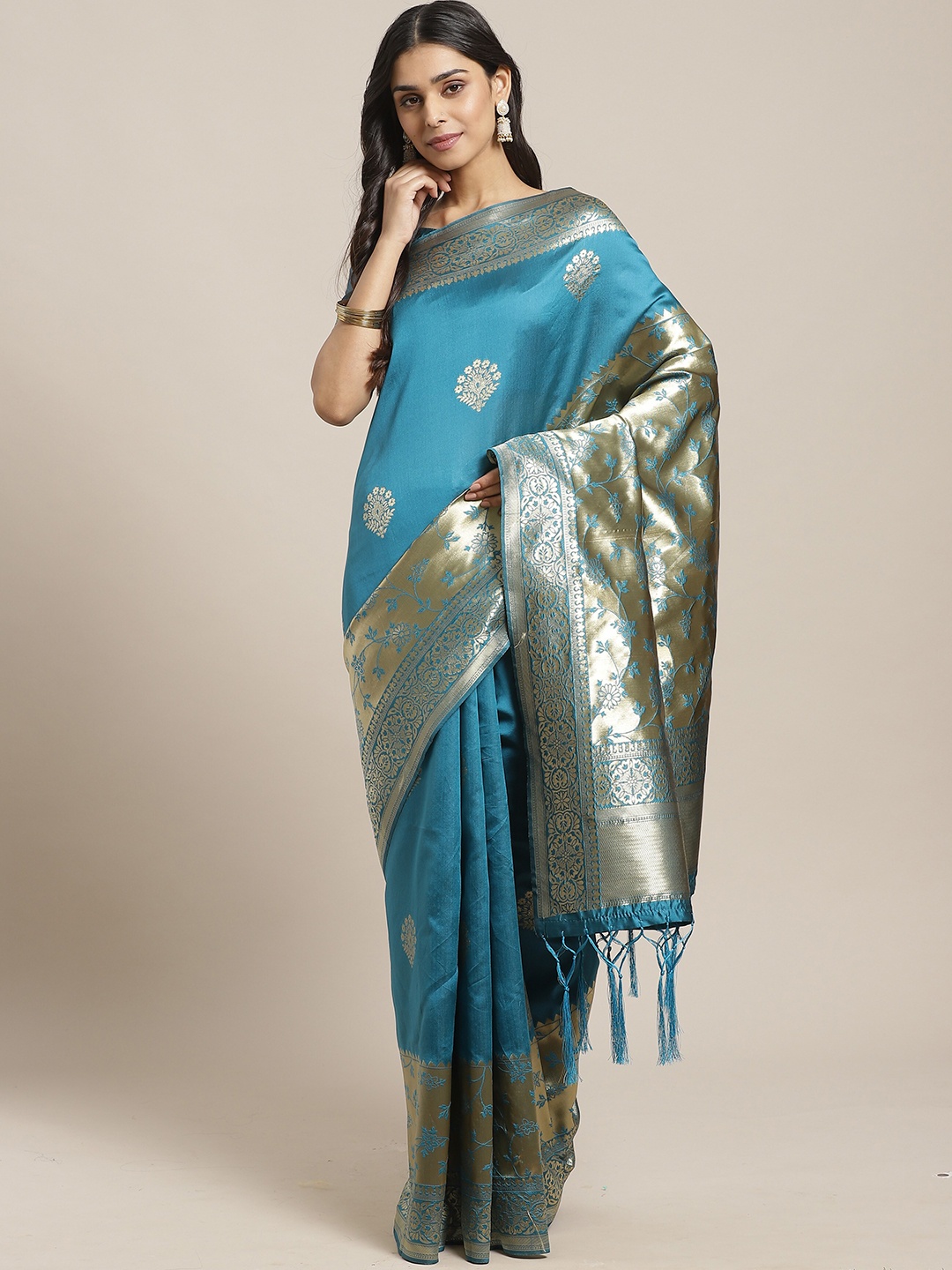 

Saree mall Teal & Silver-Toned Woven Design Silk Blend Banarasi Saree