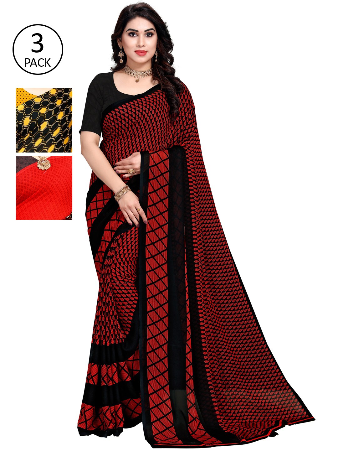 

KALINI Pack Of 3 Printed Sarees, Red