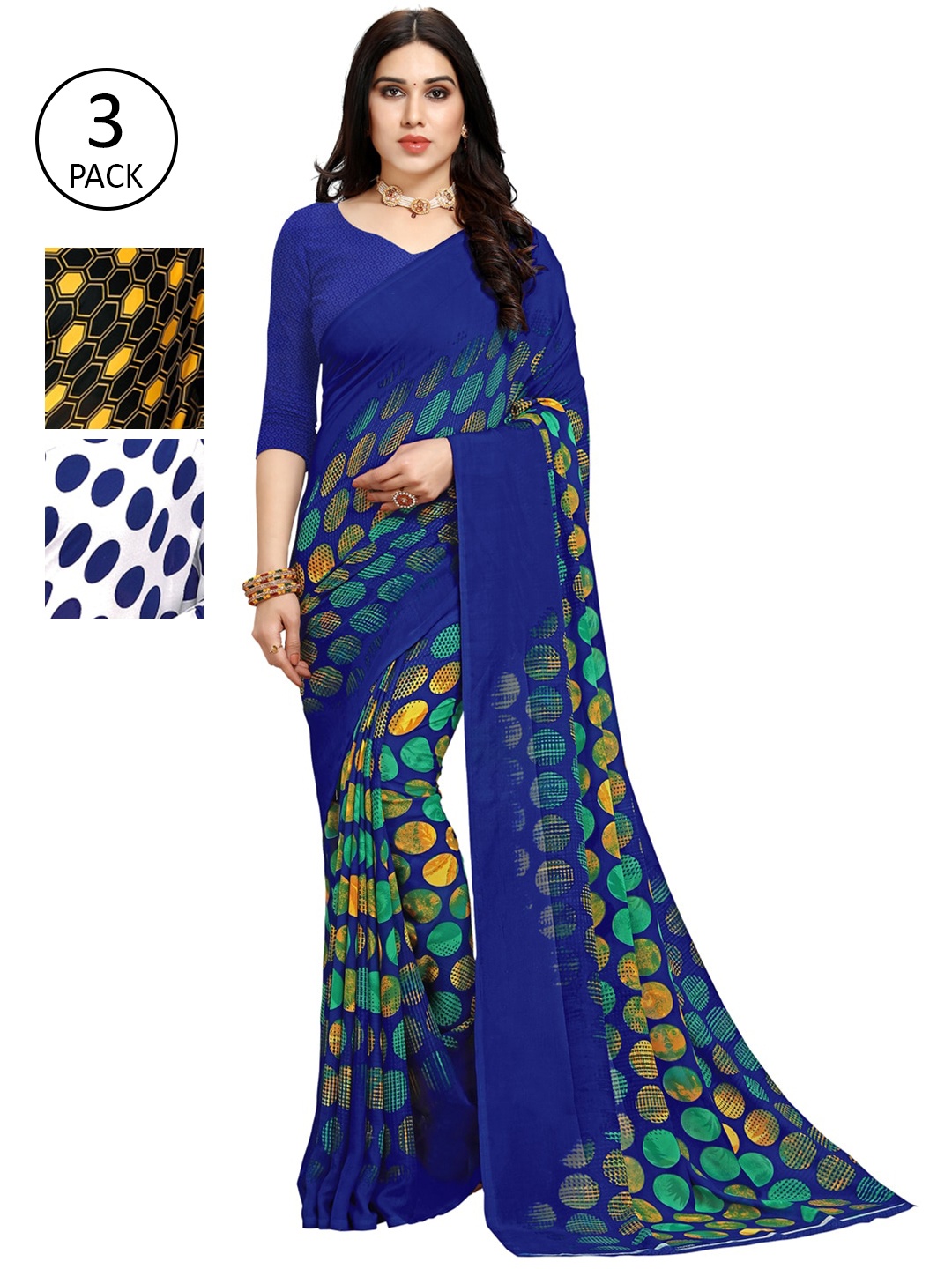 

KALINI Multicoloured Set of 3 Poly Georgette Saree, Multi