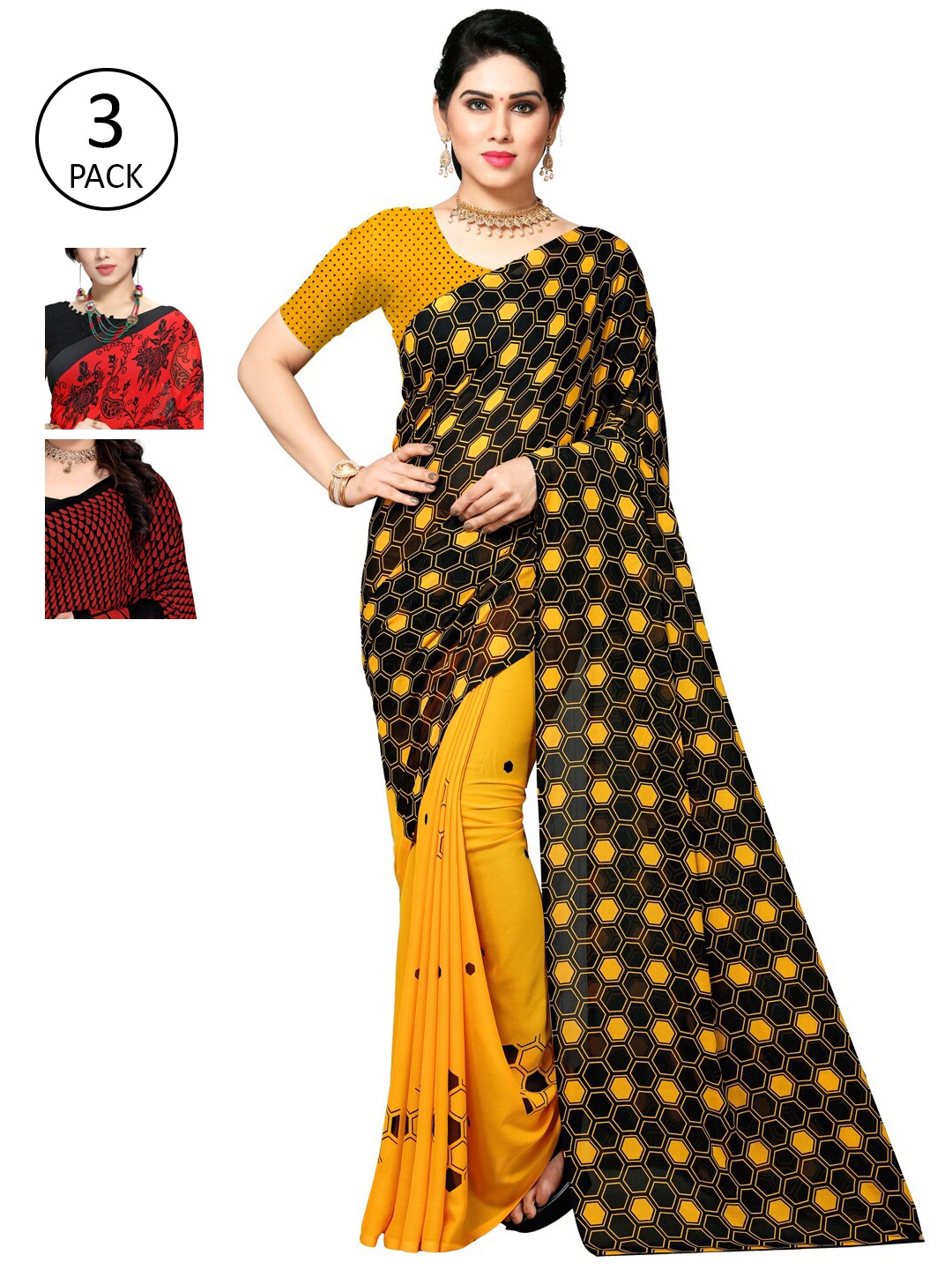 

KALINI Pack of 3 Red & Black Saree