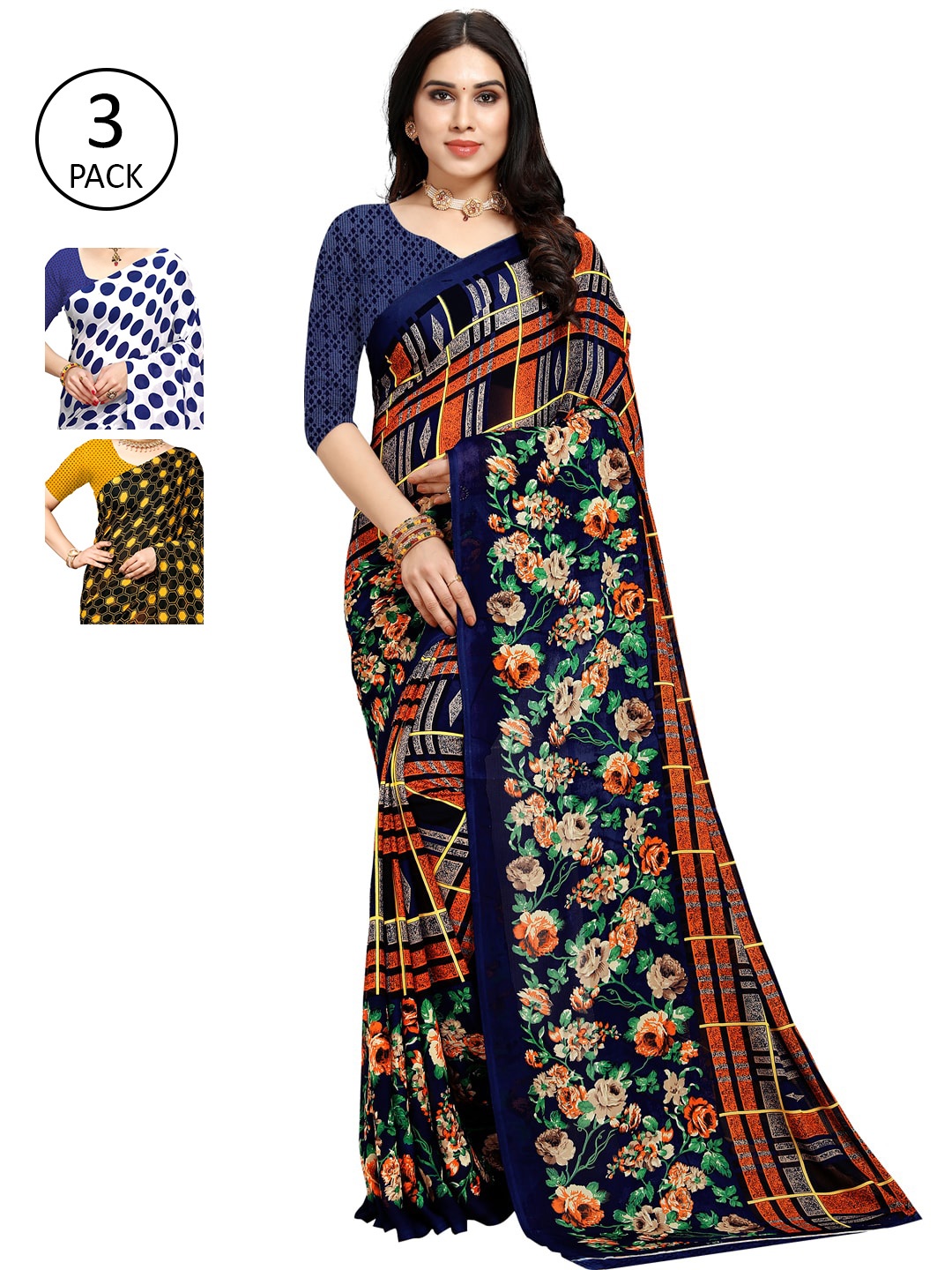 

KALINI Women Pack of 3 Printed Poly Georgette Sarees, Blue