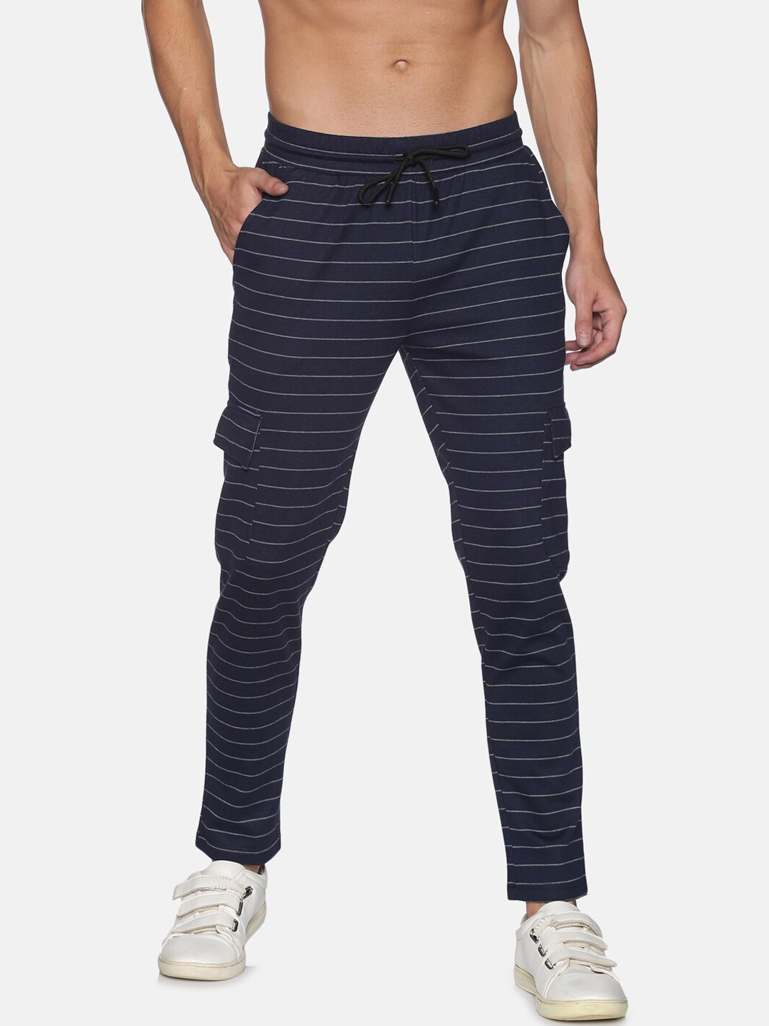 

Campus Sutra Men Navy Blue & White Striped Cotton Straight-Fit Track Pants
