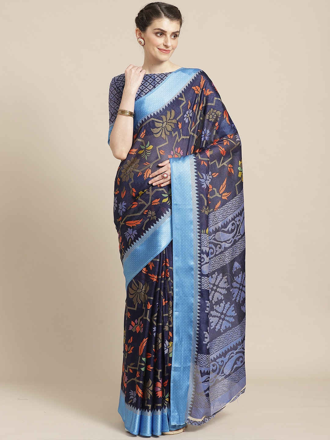 

Saree mall Navy Blue & Orange Floral Brasso Sarees