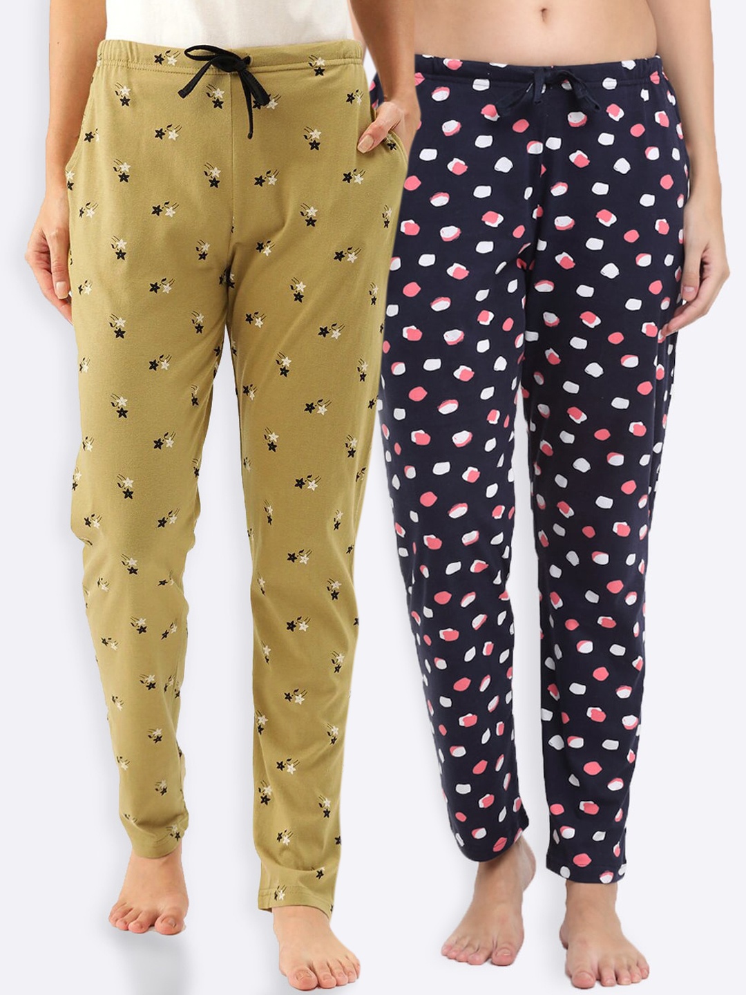 

Kanvin Women Pack Of 2 Printed Pure Cotton Lounge Pants, Navy blue