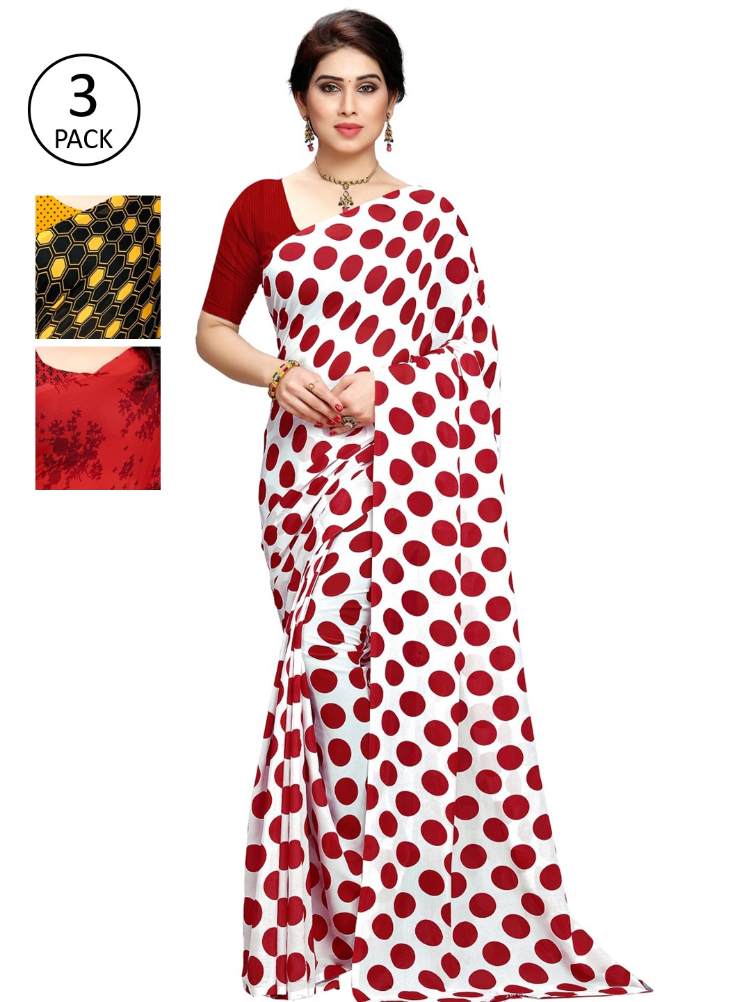 

KALINI Pack Of 3 Poly Georgette Sarees, White