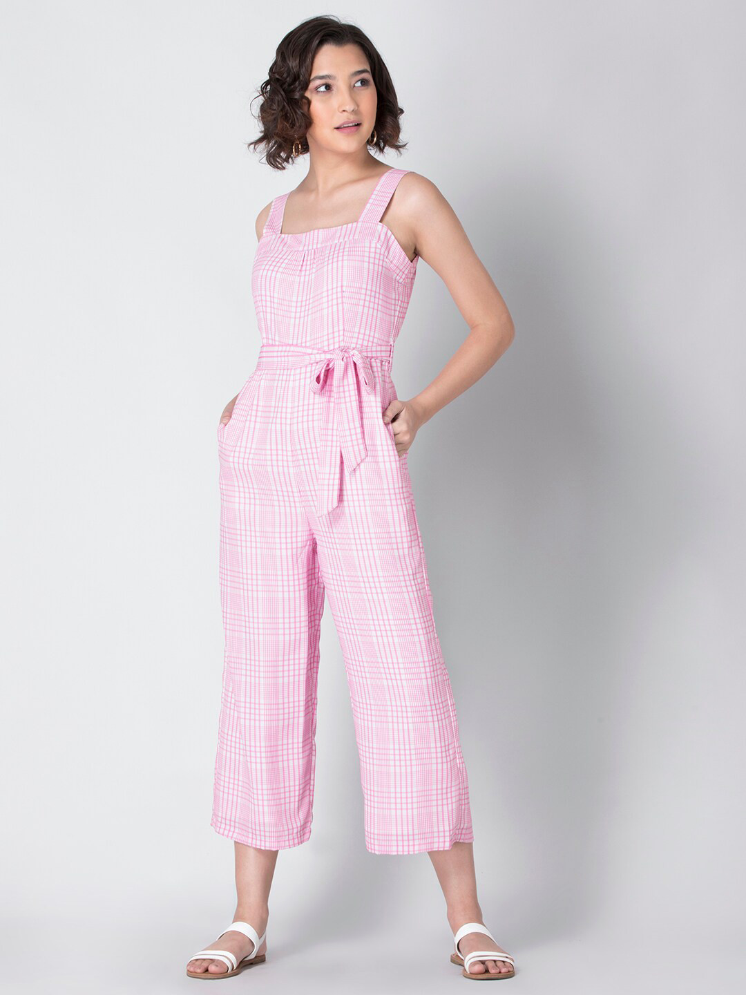 

FabAlley Women Pink & White Checked Belted Basic Jumpsuit