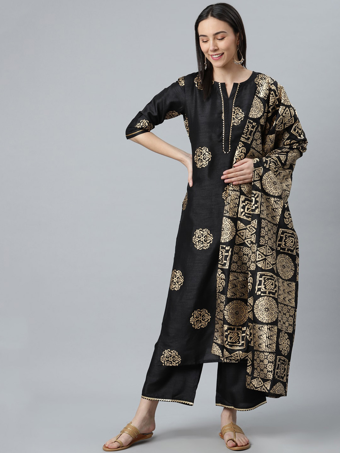 

Libas Women Black Ethnic Motifs Printed Layered Kurta with Trousers & With Dupatta