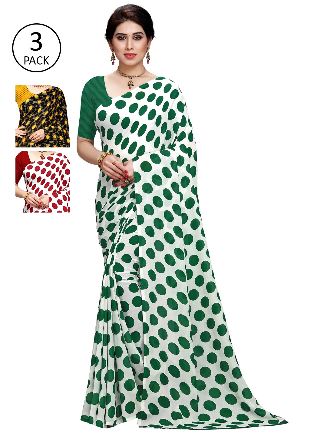 

KALINI Pack of 3 Printed Sarees, White