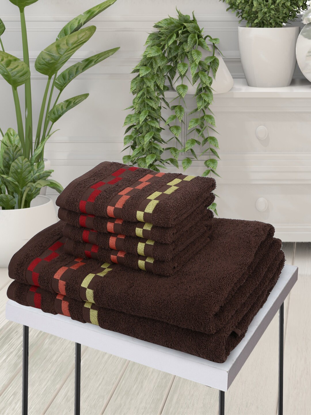 

BIANCA Set Of 6 Brown Solid Pure Mercerized Cotton 450 GSM Bumpy-Stripes Towel Set