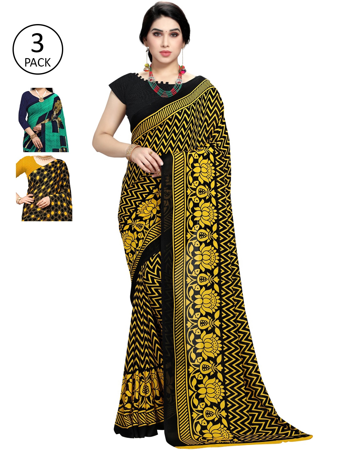 

KALINI Pack Of 3 Poly Georgette Sarees, Black