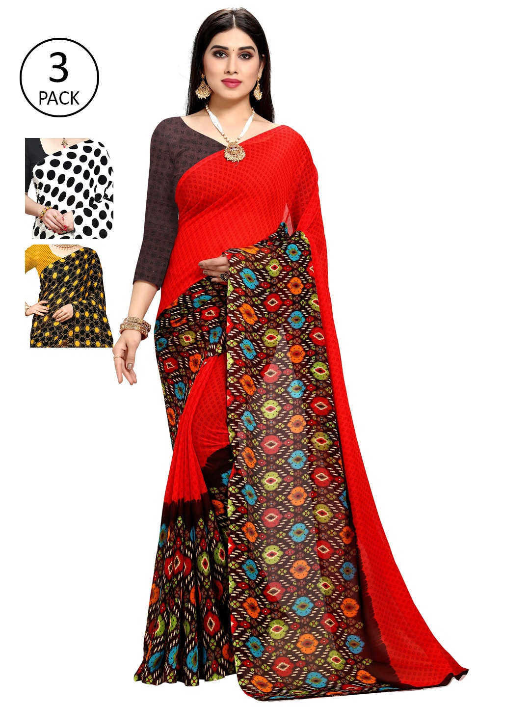 

KALINI Pack of 3 Printed Poly Georgette Saree, Multi