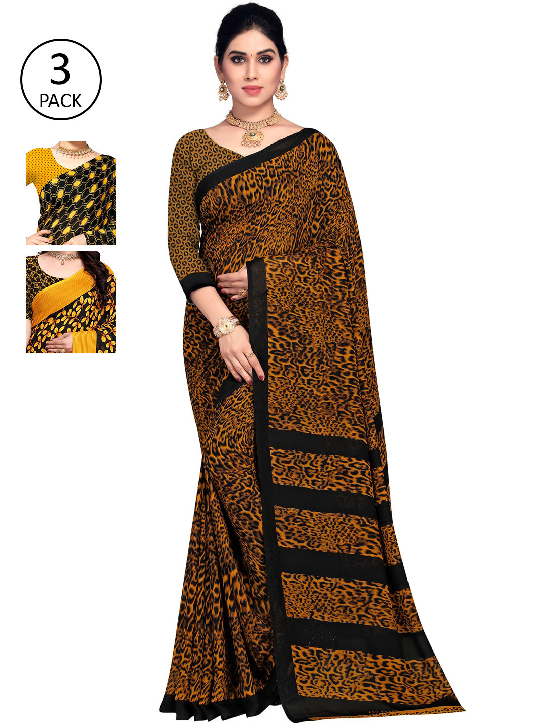 

KALINI Pack of 3 Poly Georgette Sarees, Yellow