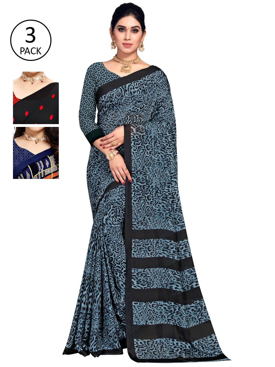 

KALINI Pack of 3 Poly Georgette Printed Sarees, Orange
