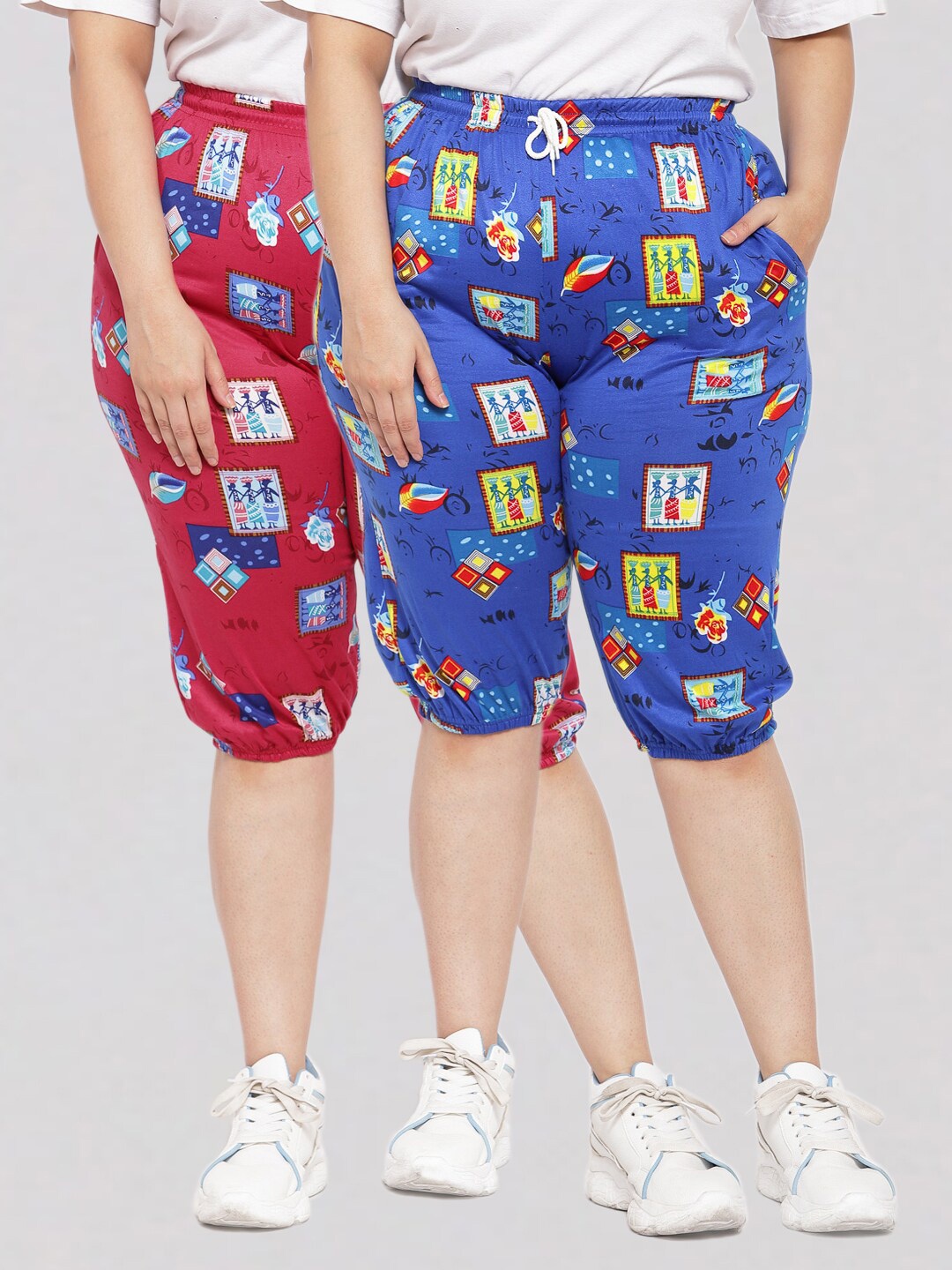 

KLOTTHE Women Set of 2 Blue & Pink Printed Capris