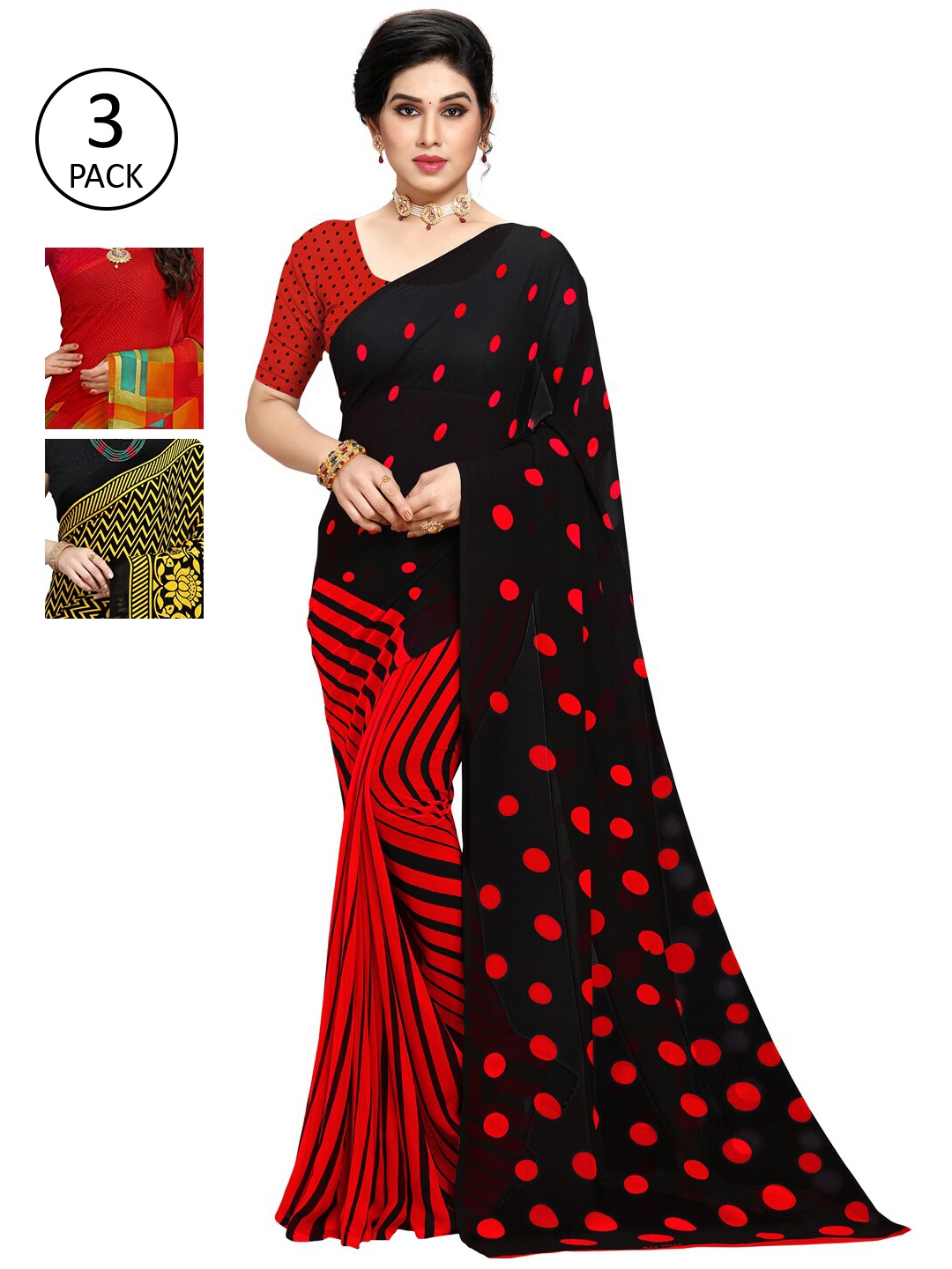 

KALINI Red & Black Pack of 3 Printed Saree