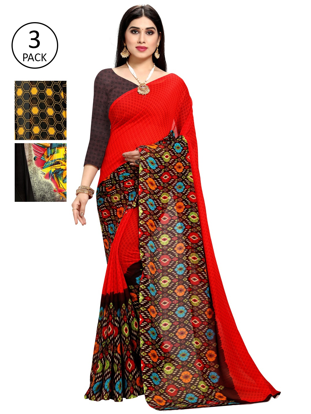 

KALINI Pack of 3 Printed Poly Georgette Saree, Multi