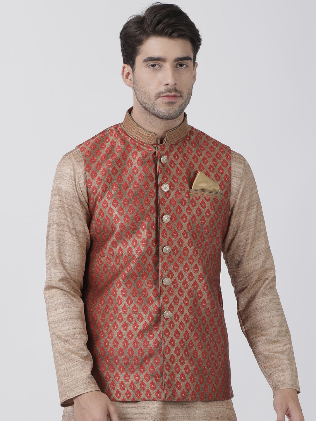 

VASTRAMAY Men Gold & Red Woven Design Slim-Fit Nehru Jacket