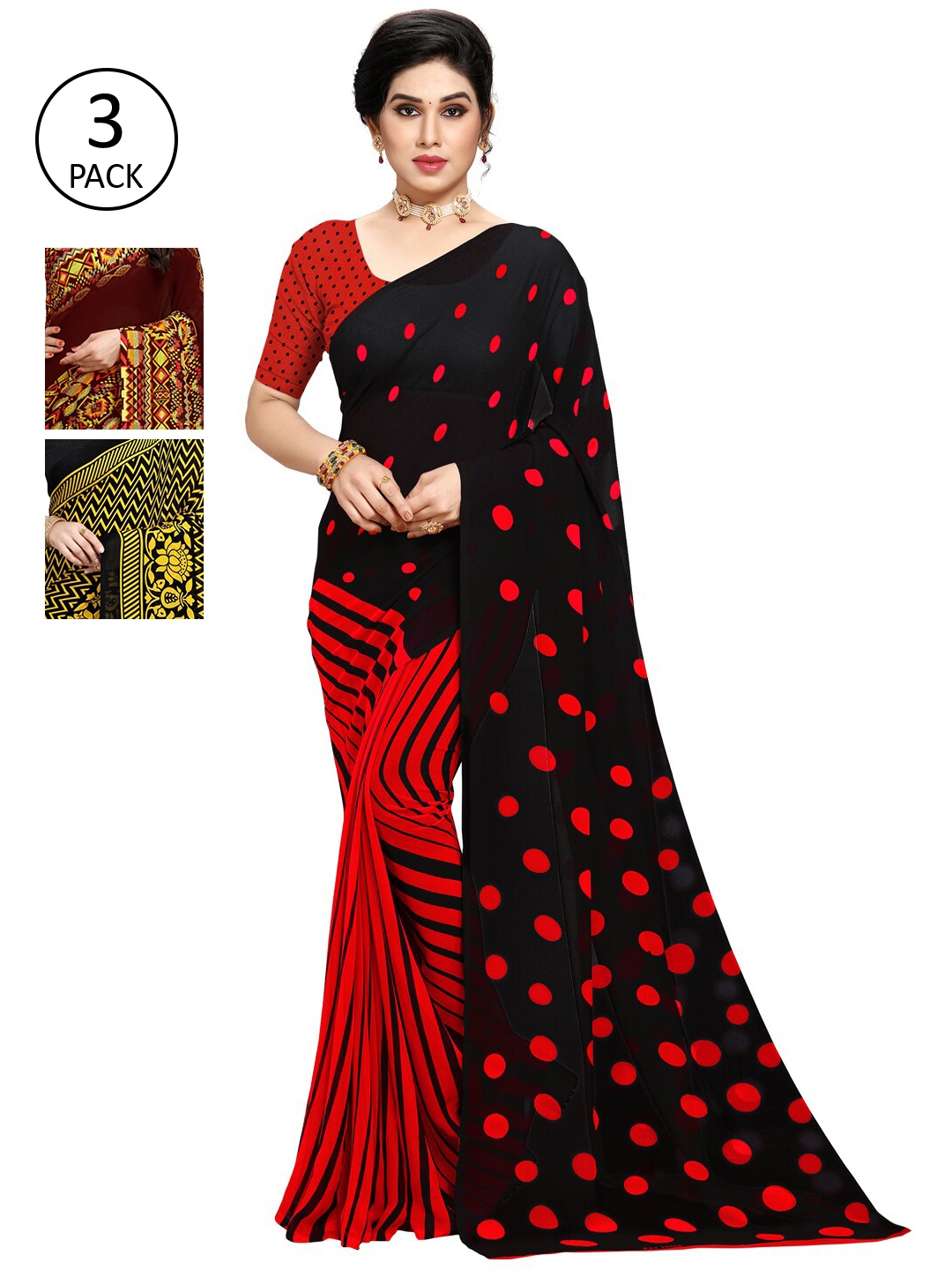 

KALINI Women Pack of 3 Printed Poly Georgette Sarees, Red