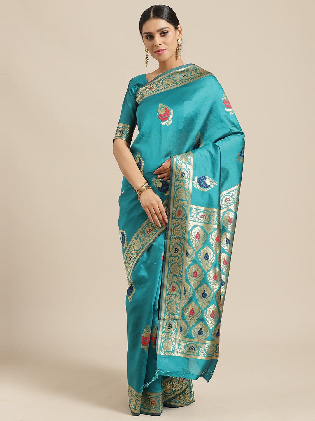 

Saree mall Teal & Navy Blue Floral Zari Silk Blend Sarees