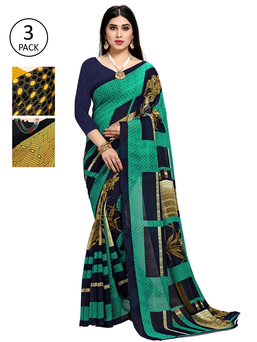 

KALINI Pack of 3 Poly Georgette Sarees, Yellow