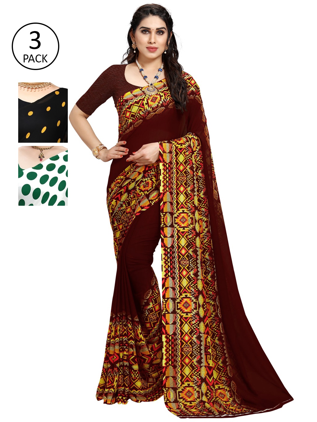 

KALINI Pack Of 3 Multicoloured Poly Georgette Sarees, Multi