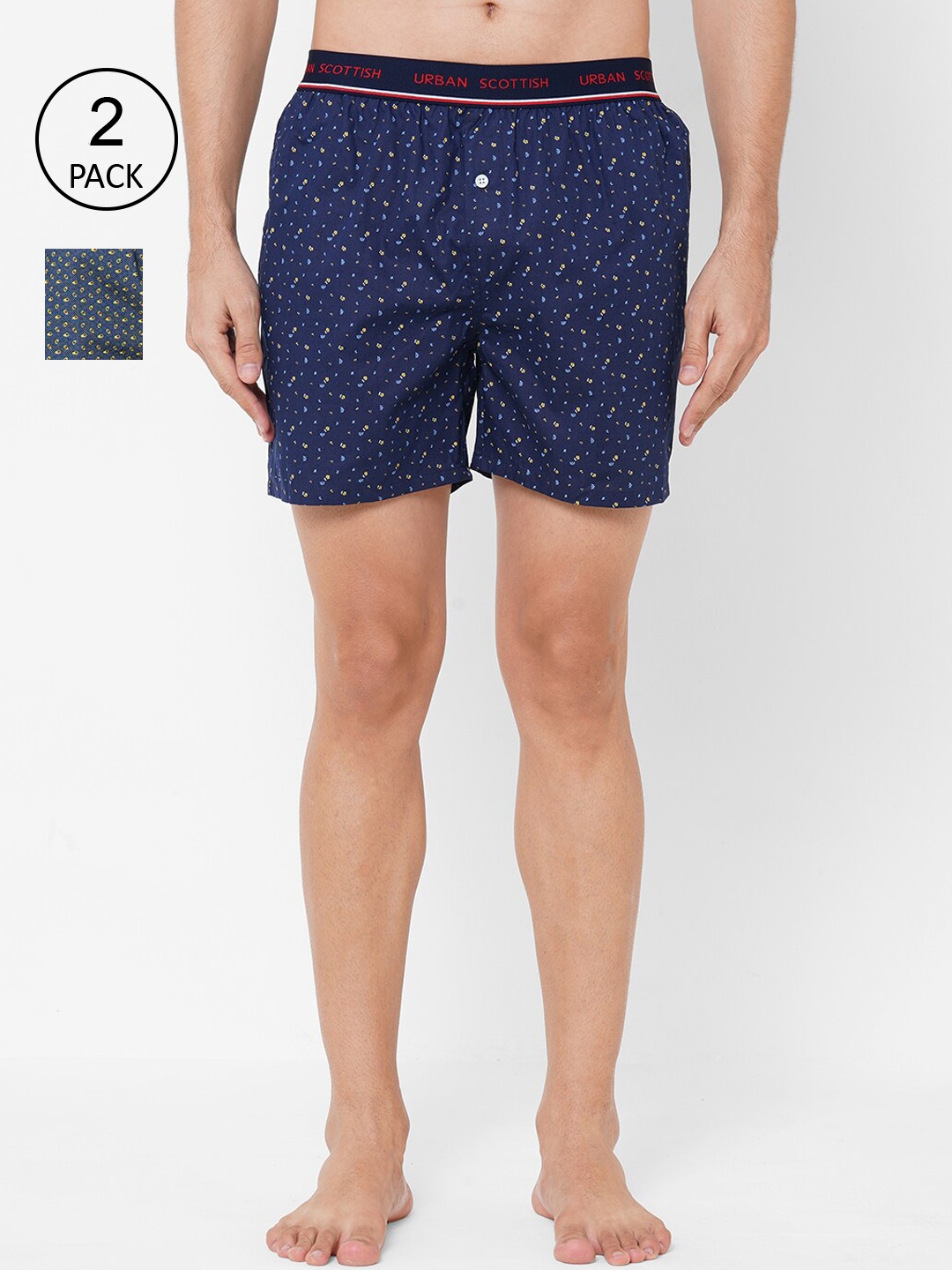

URBAN SCOTTISH Men Pack Of 2 Printed Pure Cotton Boxers USBX2122-S, Blue